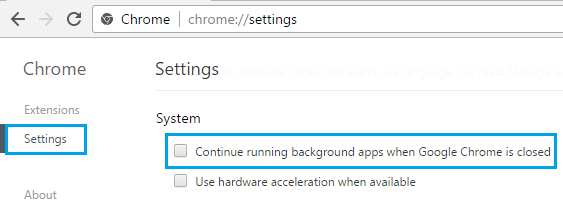 Uncheck the Option to keep background apps running in Google Chrome