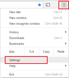 Chrome browser menu icon and settings option