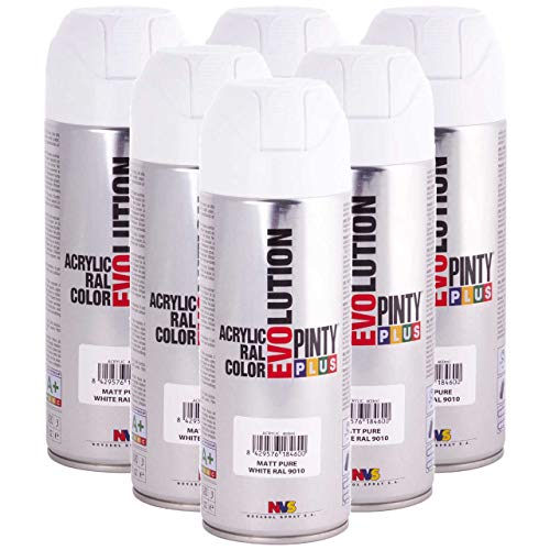 Pintyplus Evolution Spray Paint - 11oz, Fast Drying, Solvent Based, Acrylic Spray Paint. Multiple Applications Including Wood, Stone, Cardboard, Paper, & Cardboard. RAL 9010 Matt Pure White