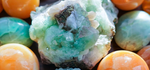 Green Apophyllite and Orange Calcite Crystals
