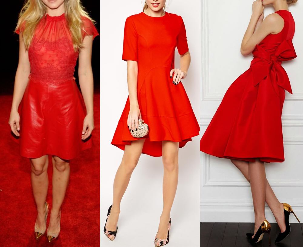 3 ladies wearing a red dress with gold blush shoes to illustrate what color shoes to wear with red dress.