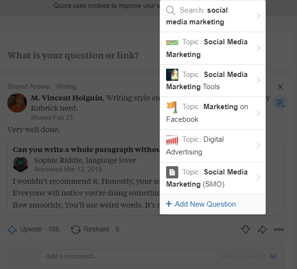 Quora suggested topics related to "social media marketing"