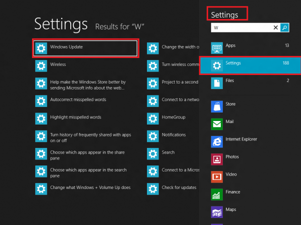 Search settings on Windows 8