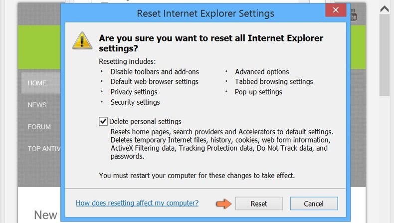 Google Chrome settings reset step 2