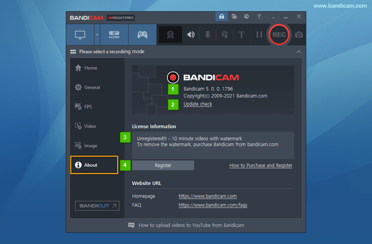 Bandicam tab About