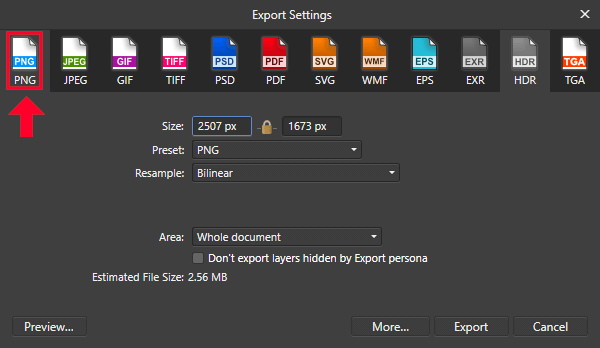 Export menu