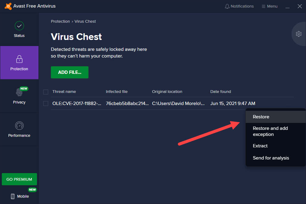 drill disc scan deleted avast file