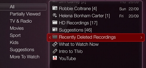 Find deleted DirecTV recordings in the recently deleted folder