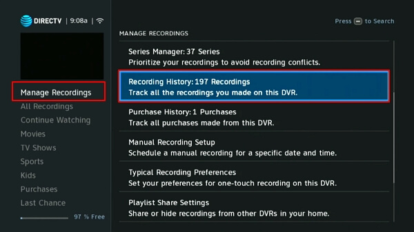 Recover deleted recordings from DirecTV history