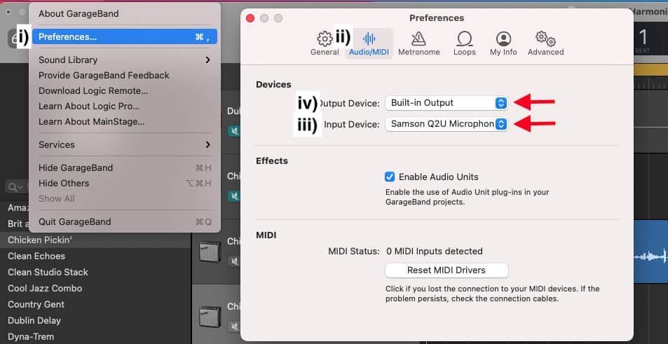 Garageband Preferences and Input and Output