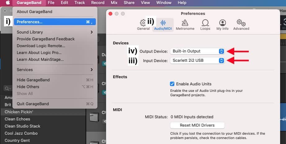 Garageband Preferences including Output Device and Input Device