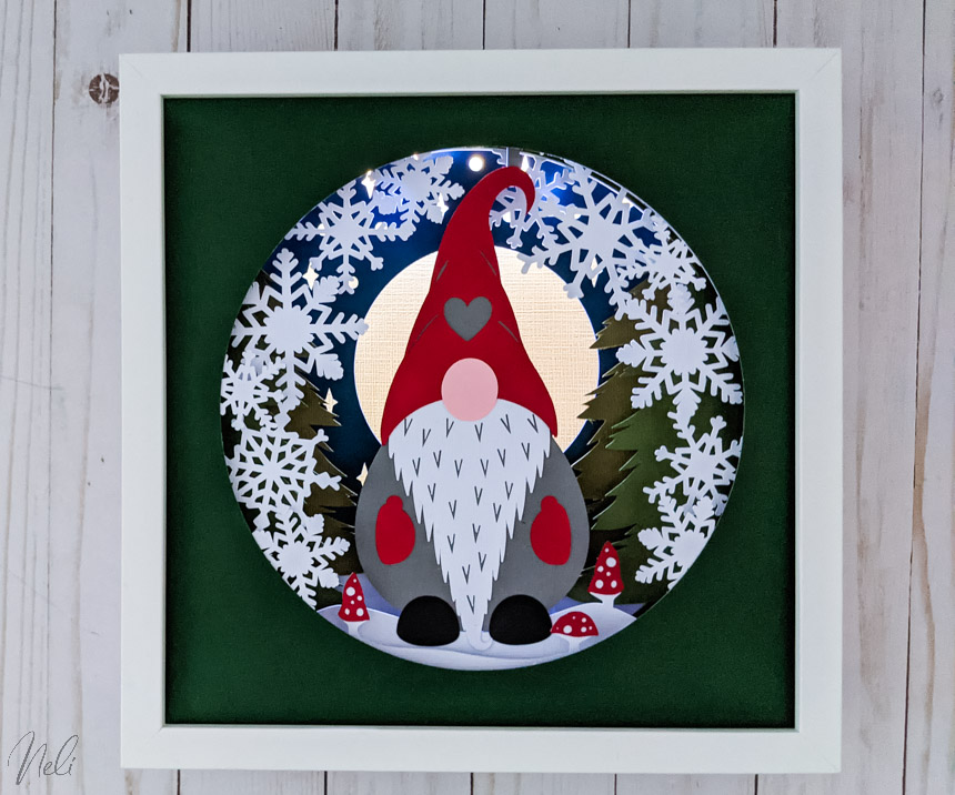 Illuminated 3D shadow box with Gnome and snowflakes