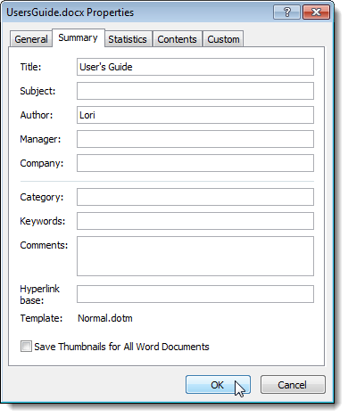 Select Properties from the Insert menu in Word 2003