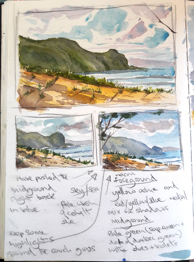 Watercolor sketch book seascape painting notes