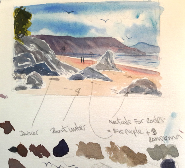 How to draw sea and beach landscape with watercolor. Beach and rocks Watercolor sketches