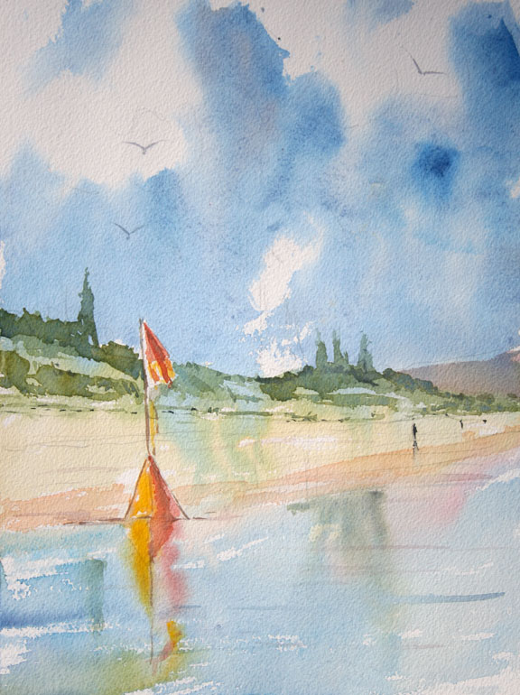 Beach watercolor painting: Reflection on wet sand