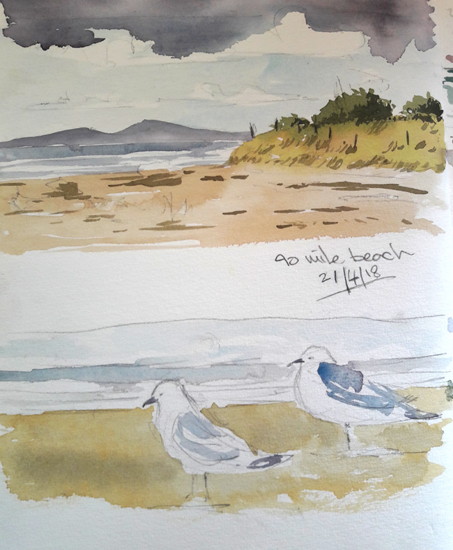 Watercolor sketchbook. Seagulls on the beach 90 miles