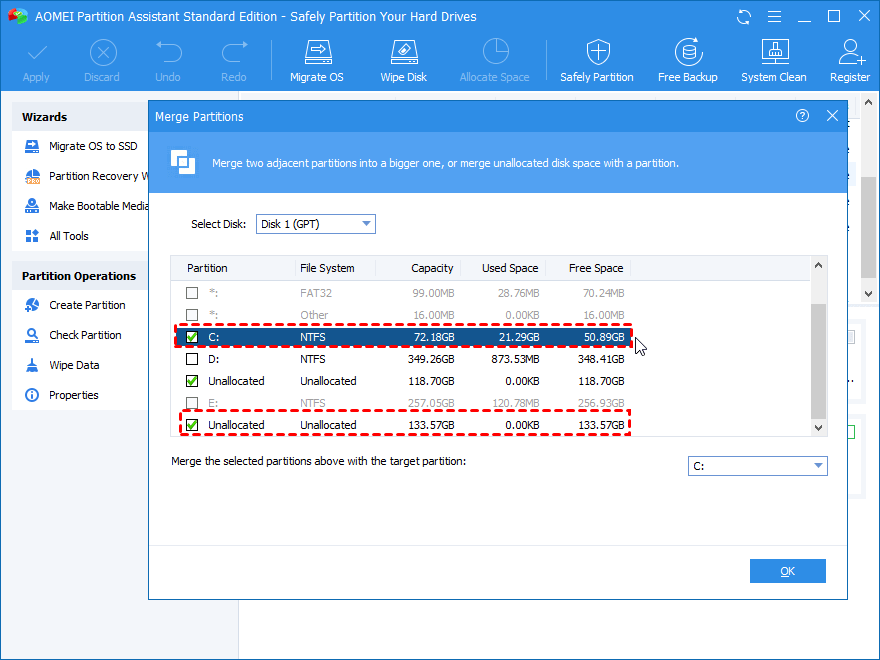 Tick ​​another unallocated partition