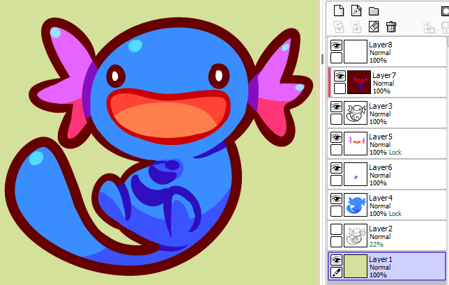 [Pictured: Wooper shown with the layers used to make its image.]