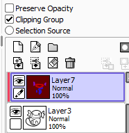 [Pictured: Showing a layer with the Clipping Group option selected in SAI, and the layer underneath.]