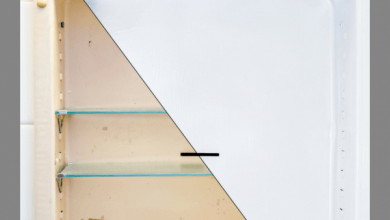 metal medicine cabinet before and after with diagonal line through middle