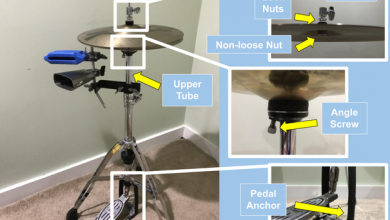 labeled photo of hi hat stand and all the parts three close up shots of the clutch angle screw and pedal anchor
