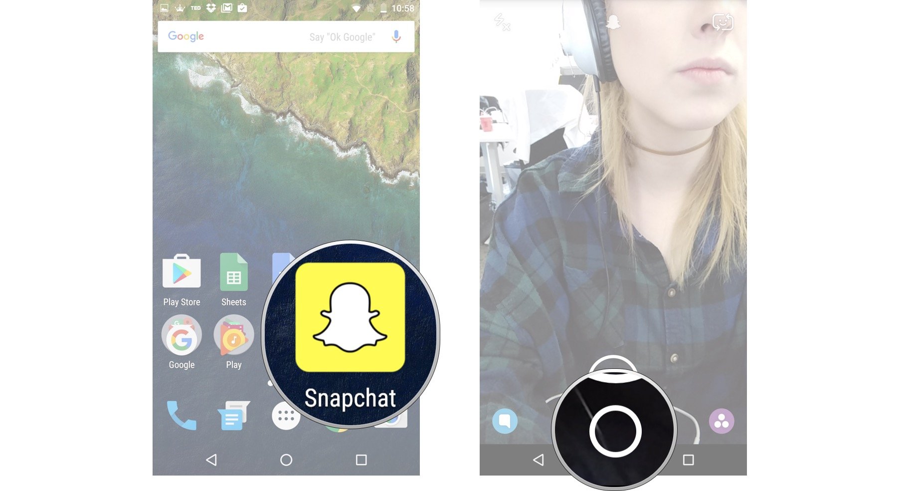 Launch Snapchat from your home screen and tap the smaller white circle below the shutter button to access Memories. Tap the Snaps tab to access your saved content.