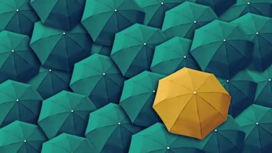 Image looking down on a crowd of opened green umbrellas with one yellow umbrella.