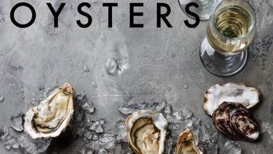 5 raw oysters on the half shell with crushed ice and two glasses of champagne on a grey background. Text overlay reads "how to eat oysters"