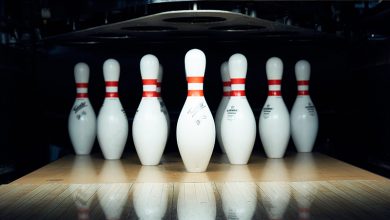 Close up of bowling pins at an alley in Hillsborough