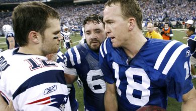 Colts quarterback Peyton Manning and center Jeff Saturday wish Patriots quarterback Tom Brady better luck after the AFC Championship game 38-34 over the New England Patriots at the RCA Dome in Indianapolis, Indiana on January 21, 2007.