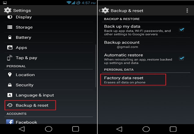 factory reset for android