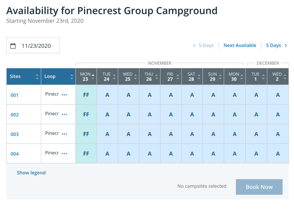 Sample schedule for Pinecrest . Campground