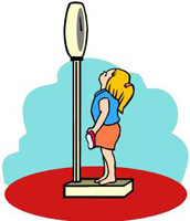 Artist draws a woman standing on a scale reading her weight