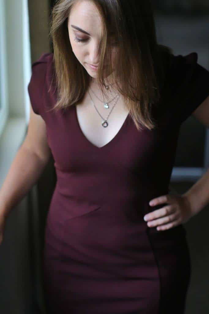 Portrait of a woman in a maroon dress