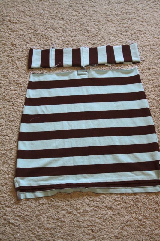 Shirts sewn into skirts; a long strip of fabric for the waistband