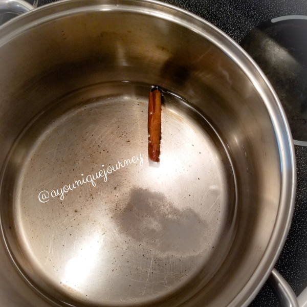 Bring water, salt, and cinnamon stick to a boil in a medium saucepan.