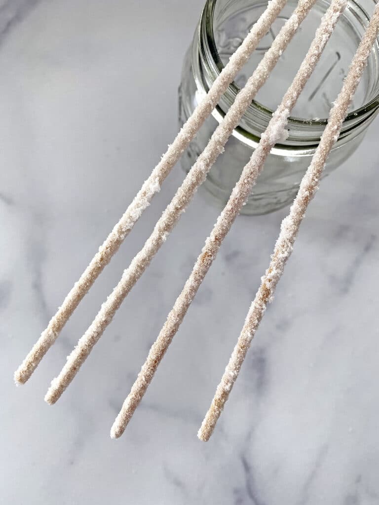 Skewers coated in sugar so rock candy crystals will stick to them
