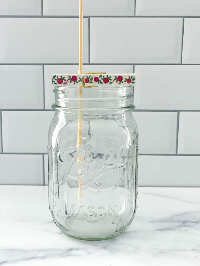 Skewer sitting in mason jar ready for rock candy sugar solution