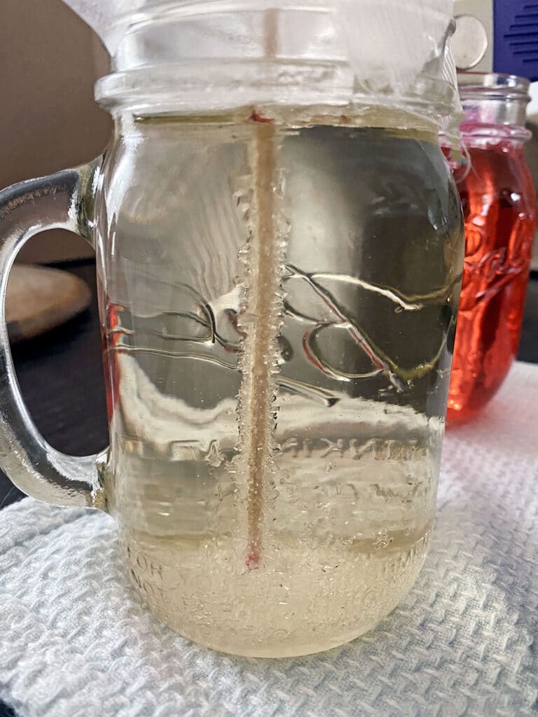 Rock candy crystals forming in jar after 2 days