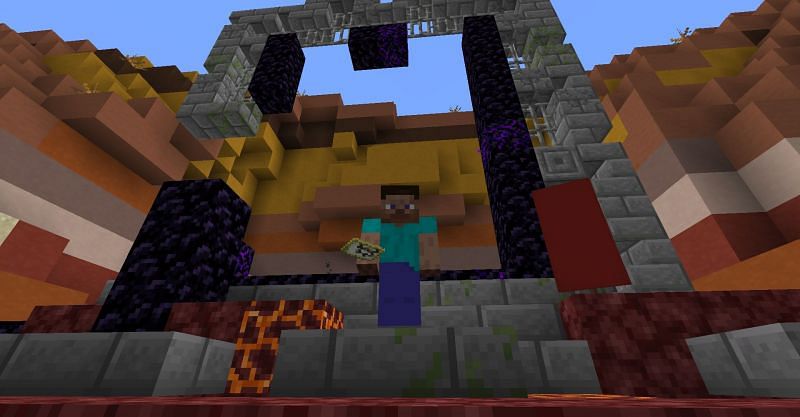 Steve marked the location of this huge ruined gate on his map so he could then refer to its exact location (Image via Minecraft)