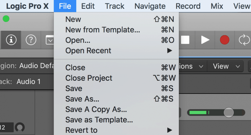 file menu for saving and creating projects