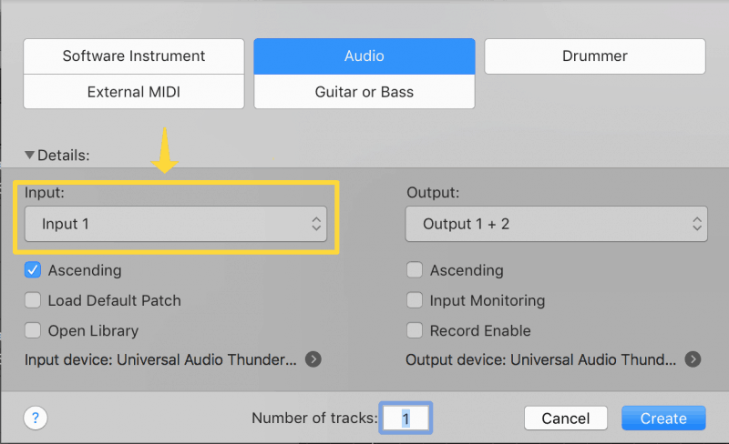changing the input on an audio track