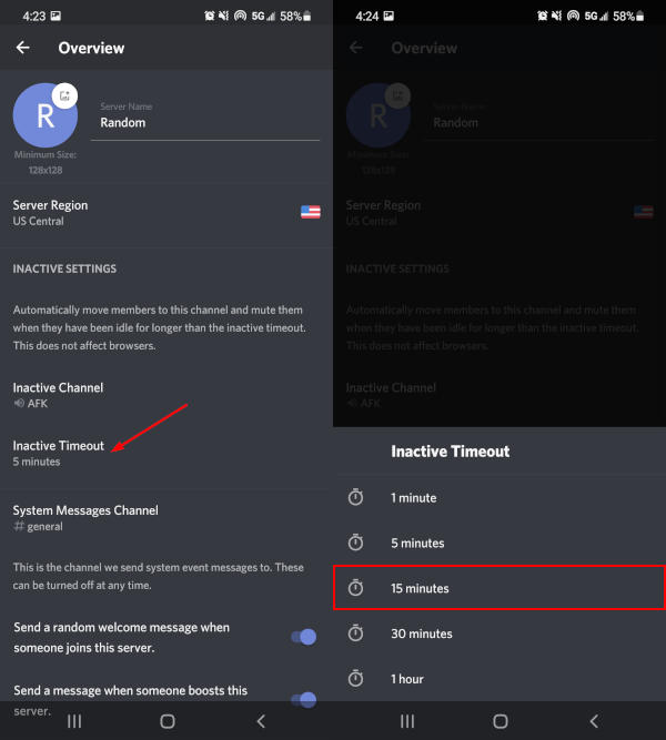 Discord Mobile App 15 minutes in the timeout settings menu is inactive
