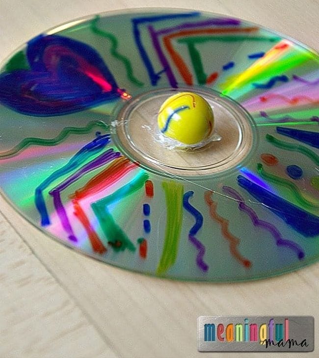 Colorful gyro made from an old CD and a marble (DIY Fidgets)