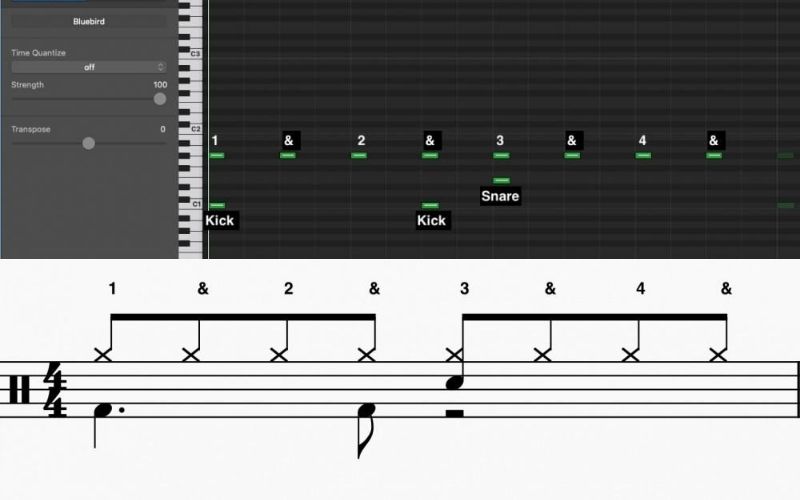 Half-Time Pattern in MIDI and Standard Notation