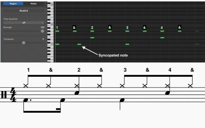 Syncopated Rock Pattern - Standard Notation and MIDI Format