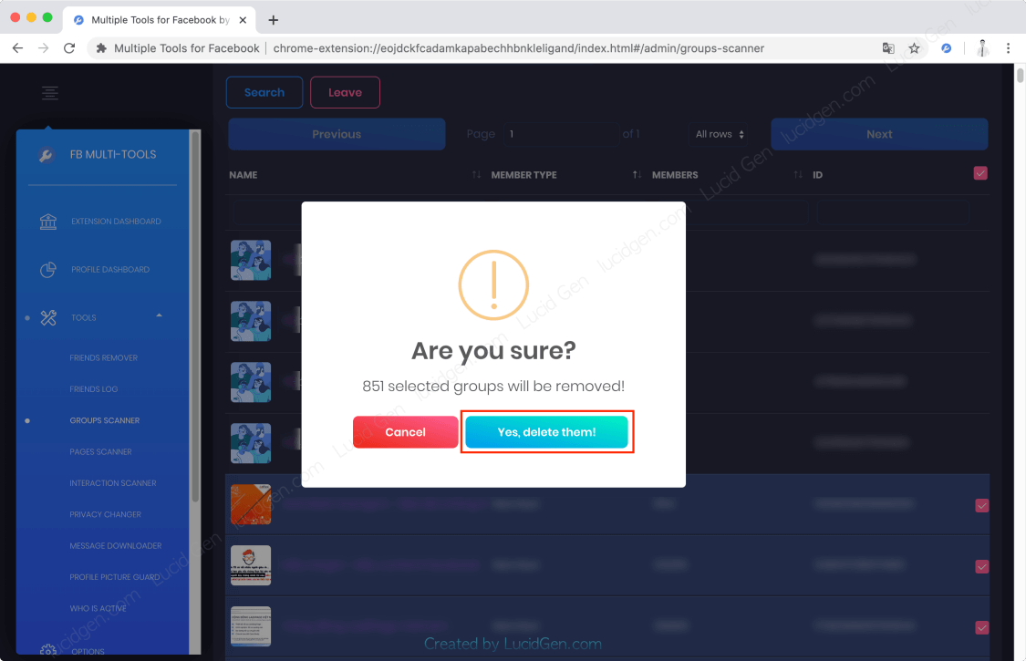 How to leave a Facebook group in bulk - Click the Yes button, delete them!