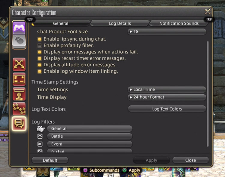 The Log Filter Settings (General) Window in FFXIV