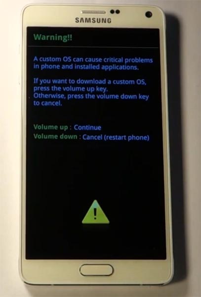 Samsung Note 4 download mode warning screen